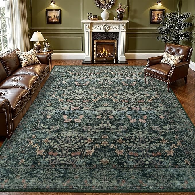 6x9 Green Floral Living Room Rug: Vintage Washable Rug Floral Soft Carpet Indoor Floor Non-Slip Boho Stain Resistant Large Carpets for Bedroom Kids Nursery Dining Room Farmhouse Home Office
