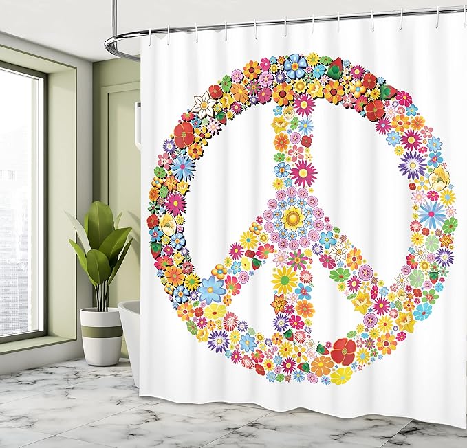 Ambesonne Groovy Shower Curtain, Floral Peace Sign Summer Spring Blooms Love Happiness Themed Illustration Print, Cloth Fabric Bathroom Decor Set with Hooks, 69" W x 84" L, White