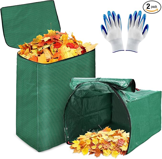 2 Pack 53 Gallons Yard Waste Bags, Reusable Heavy Duty Lawn and Leaf Bags with Lid & Gardening Gloves, Large Dustpan Lawn Bags, Collapsible Garden Waste Container for Leaves Grass Clippings Debris