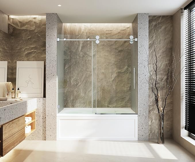 Frameless Bathtub Shower Door, 56"-60" Wide, 60" High, 3/8" (10mm) Clear Tempered Glass, Noiseless, Waterproof Bathroom Shower Door, Chrome Finish