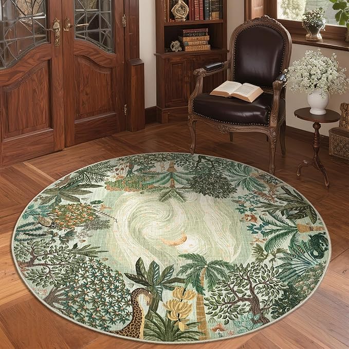 GarveeHome Round Area Rugs 4ft for Kids Room, Green Jungle Washable Circle Rug Soft Non Slip Forest Animal Print Floor Mat Tiger Carpet Indoor Thin Tent Rug for Bedroom Dining Room Playroom Nursery