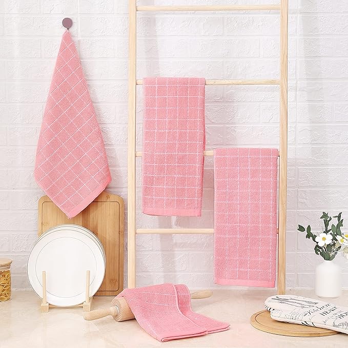 Homaxy 100% Cotton Terry Kitchen Towels(Pink, 13 x 28 inches), Checkered Designed, Soft and Super Absorbent Dish Towels, 12 Pack