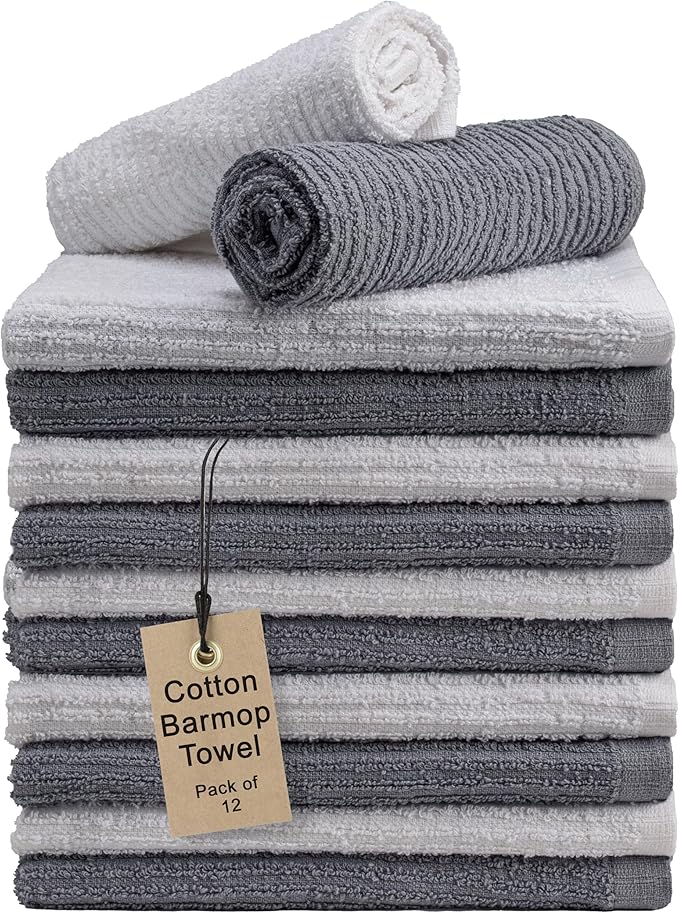 Textila Bar Mop Towels - 100% Cotton, 16x19 Inches, Pack of 12, White & Grey, Highly Absorbent, Multi-Purpose Kitchen and Dish Towels for Cleaning, Drying, and Everyday Use