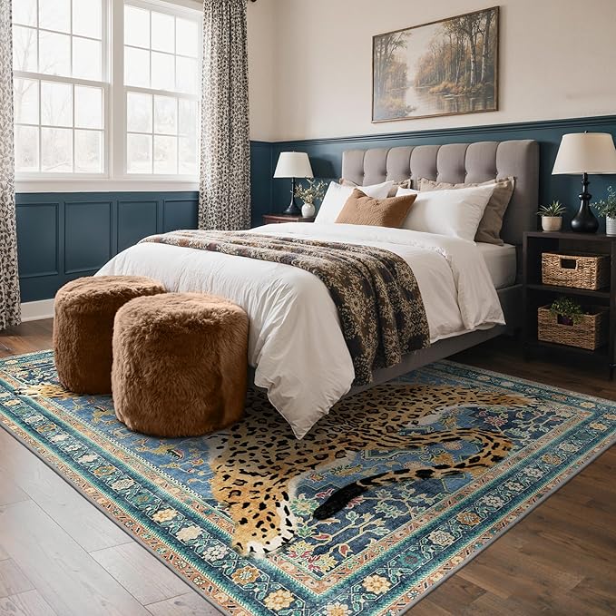 Bavni 6x9 Leopard Rug, Machine Washable Cheetah Animal Print Low Pile Boho Woodland Jungle Carpet, Non-Slip Non-Shedding Pet Friendly Rug for Living Room Playroom Nursery Bedroom Dining Room, Blue
