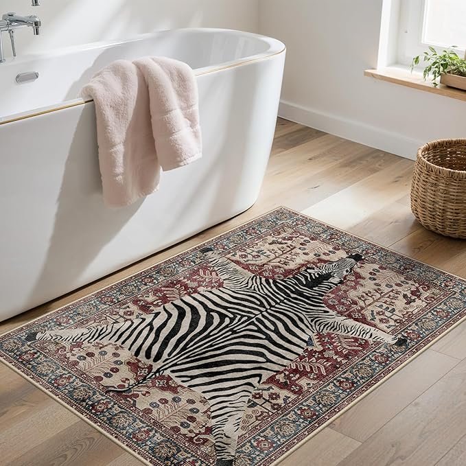 Bavni 2x3 Zebra Rug, Machine Washable Door Mat,Soft Animal Small Boho Rugs Non Slip Low Pile Non-Shedding Pet Friendly Throw Indoor Print Carpet for Entryway Front Door Bathroom,Red