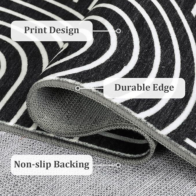 Washable Rug 6ft Area Rugs for Living Room, Abstract Rug for Bedroom, Soft Rainbow Non Slip Throw Rugs with Rubber Back, Low Pile Stain Resistant Boho Geometric Carpet for Dining Room,Black