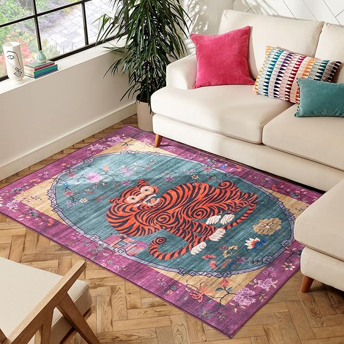 Tiger Rug Washable 4x6 ft Oriental Traditional Animal Print Vintage Purple-Green Floral Tibetan Rugs for Bedroom Kitchen Living Room Indoor Entryway