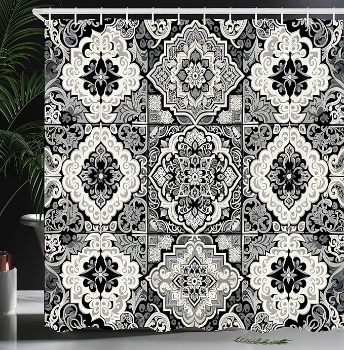 Ambesonne Grey Shower Curtain, Oriental Trippy Art with Moroccan Tile Pattern of Blooming and Curlicue Leaves, Cloth Fabric Bathroom Decor Set with Hooks, 69" W x 70" L, Off White Dimgray