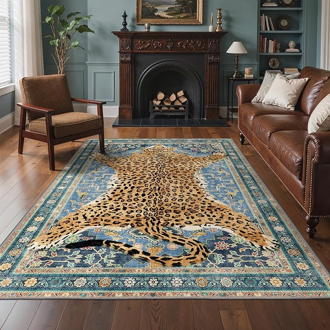 Bavni 8x10 Leopard Rug, Machine Washable Cheetah Animal Print Low Pile Boho Woodland Jungle Carpet, Non-Slip Non-Shedding Pet Friendly Rug for Living Room Playroom Nursery Bedroom Dining Room, Blue