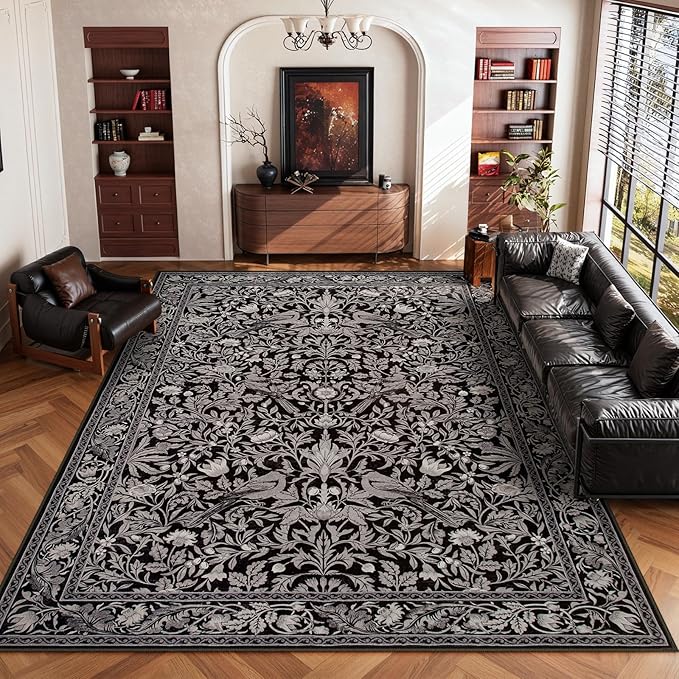 Lahome Bird Area Rugs 9x12 Living Room, Soft Washable Black Rug for Bedroom Under Bed, Ultra-Thin Non-Slip Botanical Traditional Carpet for Office Dining Room, Black