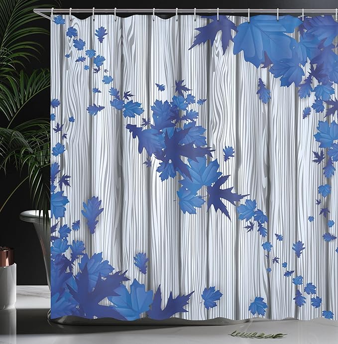 Ambesonne Autumn Shower Curtain, Fall Maple Leafs Tree Diagonal Leaves Foliage Rustic Wooden Planks Illustration, Cloth Fabric Bathroom Decor Set with Hooks, 69" W x 84" L, Cobalt Blue
