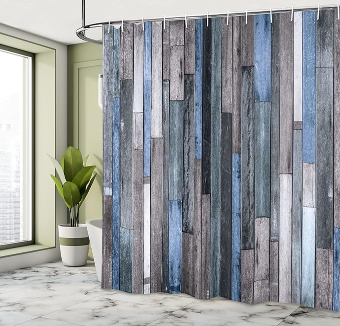 Ambesonne Wooden Print Shower Curtain, Brown Old Hardwood Floor Plank Grunge Lodge Garage Natural Rural Graphic, Cloth Fabric Bathroom Decor Set with Hooks, 69" W x 84" L, Azure Grey
