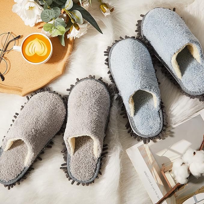 Gerrii 4 Pair Microfiber Cleaning Mop Slippers - Detachable Washable House Mop Slippers for Men and Women, Ideal for Kitchen Floor Dust Cleaning, Includes Blue, Gray, Pink, Beige(Large)