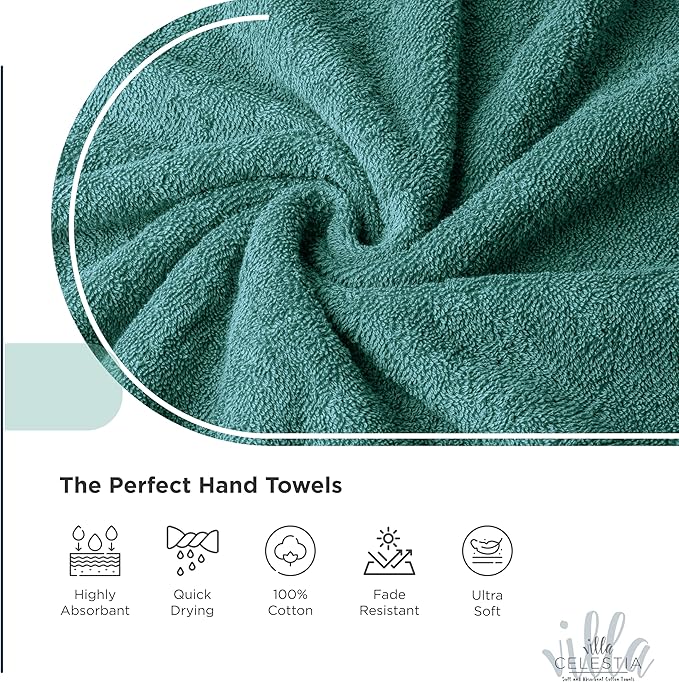 100% Cotton Hand Towel Set of 2, (16 x 28 inches) Sustainable, Soft, Highly Absorbent, Quick Drying, Combed Cotton Hand Towels Pack of 2 Ideal for Hotels, Spa, Bathroom, Dorm, Teal