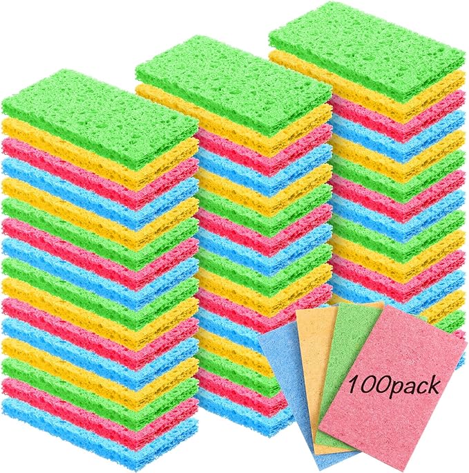 Zhengmy 100 Pieces Sponges Kitchen Compressed Sponges Bulk Natural Dish Sponge Compressed Wood Pulp Cleaning Sponge Without Scratching for Kitchen Bathroom, 3.9 x 2.4 x 0.12 Inch (Multicolor)
