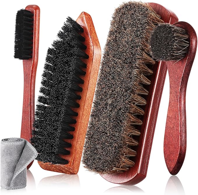 Vesici 5 Pcs Horsehair Shoe Polish Brush Kit Horse Hair Brush for Leather Boot Brushes Microfiber Cloth Leather Shine Polish Shoe Care Scrubber Clean Dauber Applicators