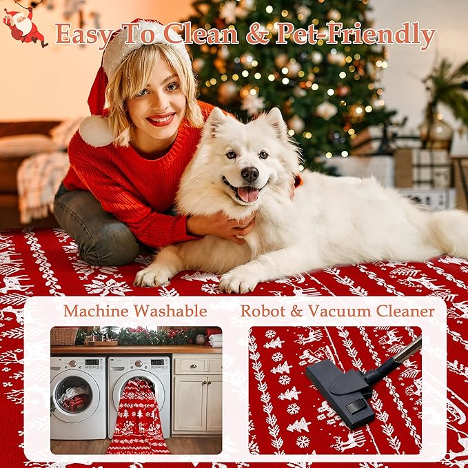 Christmas Area Rug 5x7 Red Kitchen Washable Carpet Xmas Snowflake Holiday Decor Indoor Throw Rug Living Room Soft Low Pile Carpet Non Slip Bedroom Dining Room Office Nursery Bathroom