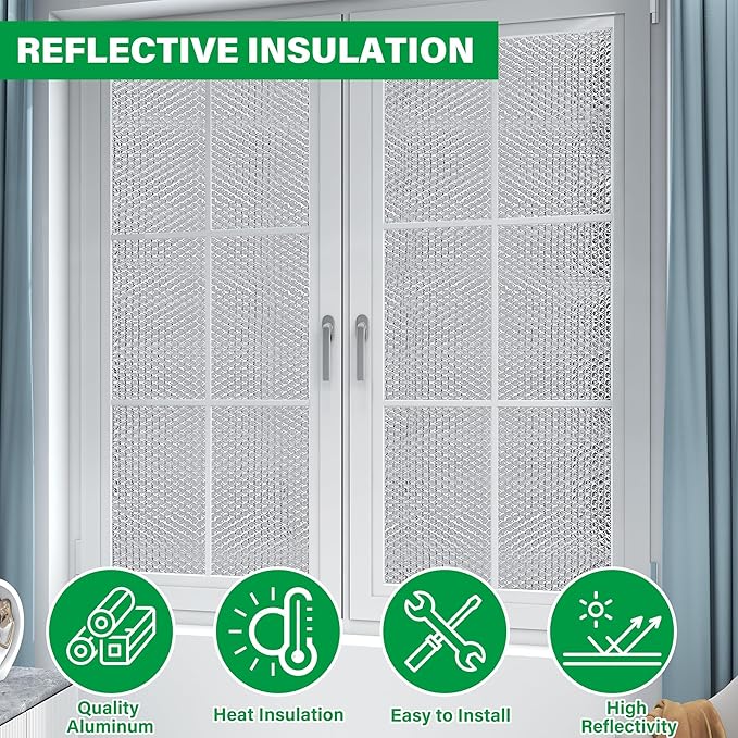 winemana Window Insulation Roll, 59IN x 8FT Reflective Heat Shield Bubble Film, Double-Sided Aluminum Foil Insulation, Weatherproof Garage Door Cover for Windows, RV, Basement, Winter & Summer