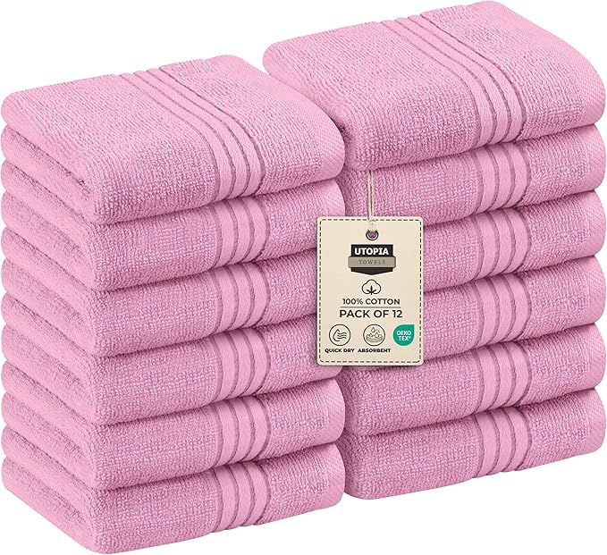 Utopia Towels Wash Cloths Set, 12 by 12 Inches, 100% Cotton Ring Spun, Highly Absorbent and Soft Feel Washcloths for Bathroom, Spa, Gym, and Face, 12 Pack Pink