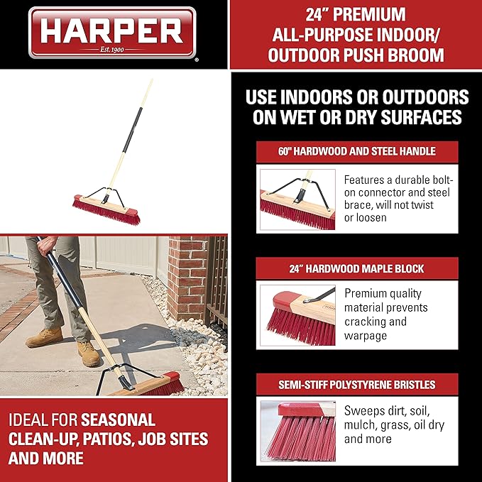Harper 24 Inch Premium Indoor/Outdoor Wet/Dry, Dirt, Soil, Mulch All-Purpose Push Broom with Semi-Stiff Bristles, Grass and Oil, Wood Handle