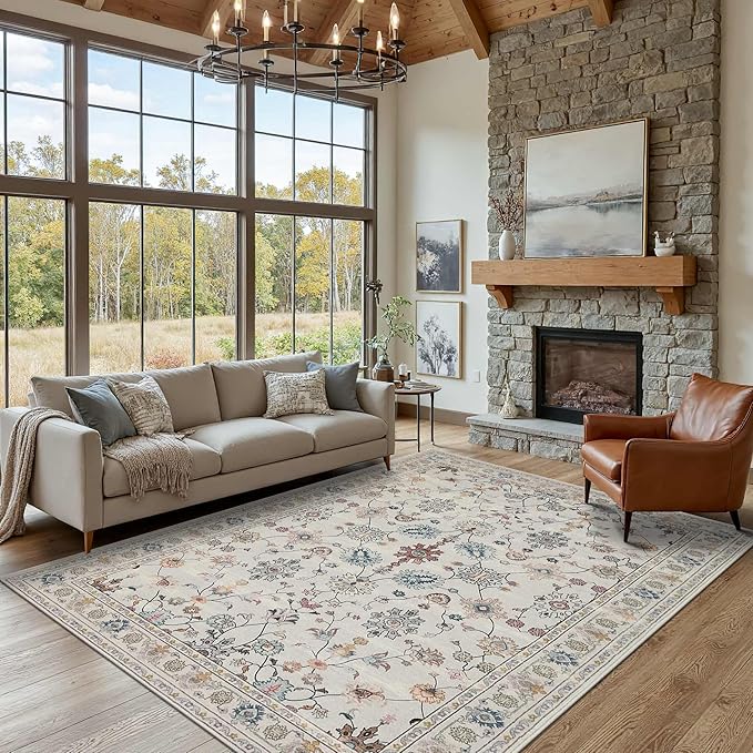 5x7 Area Rugs for Bedroom & Living Room - Washable Floral Boho Vintage Rug,Soft & Non-Slip,Low Pile Wool Carpet for Indoor Dining Room,Girls Room,Nursery Room and Kids Room(Grey)