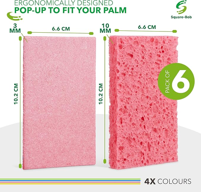 Compressed Non-Scratch Kitchen Sponges - Highly Absorbent for Dishes, Countertop, Sink, Car - Biodegradable, Quick Drying Cellulose Sponges - Assorted Colors (Pack of 6)