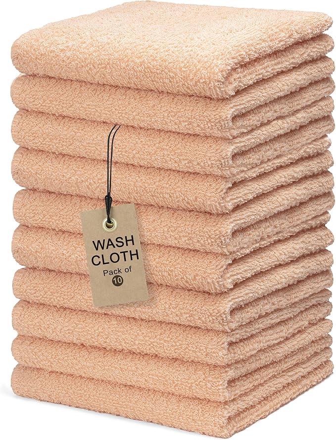 Textila Terry Wash Cloths – Pack of 10, Soft Peach, 12x12 Inches – Soft, Absorbent & Multipurpose Cotton Washcloths for Face, Hand, Bath, Kitchen, Spa, Gym & Hotel Use