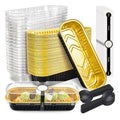 50 Pack Mini Cake Pans with Lids and Spoons Black Gold Rectangular Aluminum Foil Baking Pans Mini Cheesecake Containers(6.8oz)