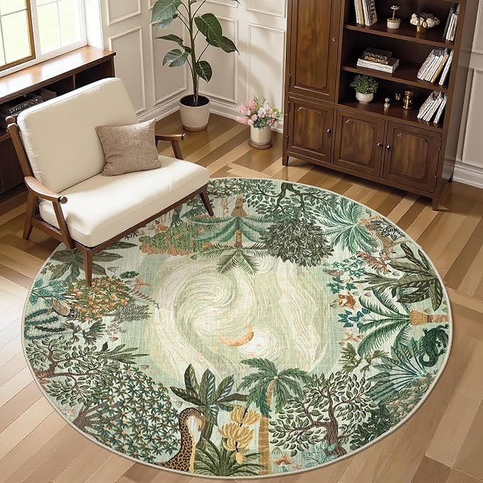 GarveeHome Round Area Rugs 8ft for Living Room, Large Green Jungle Washable Circle Rug Soft Non Slip Forest Animal Print Floor Mat Tiger Carpet Indoor Thin Rug for Bedroom Dining Room Playroom Nursery