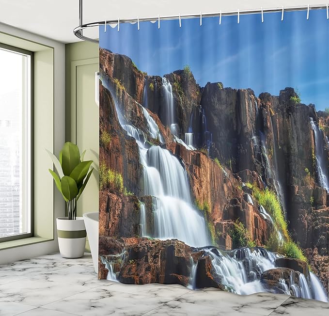 Ambesonne Rainforest Shower Curtain, Pongour Waterfall Exotic Natural Beauty Landscape Mountain Rocks Print, Cloth Fabric Bathroom Decor Set with Hooks, 69" W x 84" L, Ecru Blue