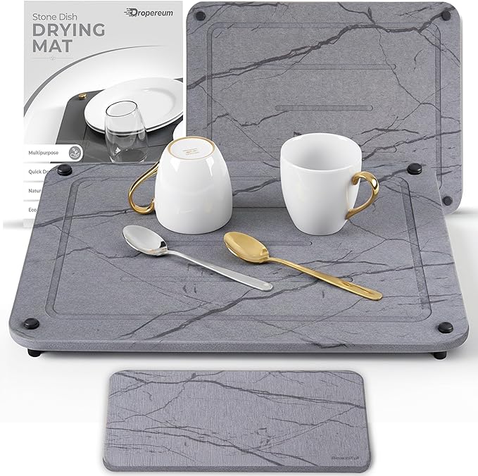 Stone Drying Mat for Kitchen Counter + Sink Caddy | 15.7"x11.8" Diatomaceous Earth Drying Mat with Stainless Steel Feet | Heat Resistant to 450°F | Eco-Friendly & Multipurpose Drying Mat