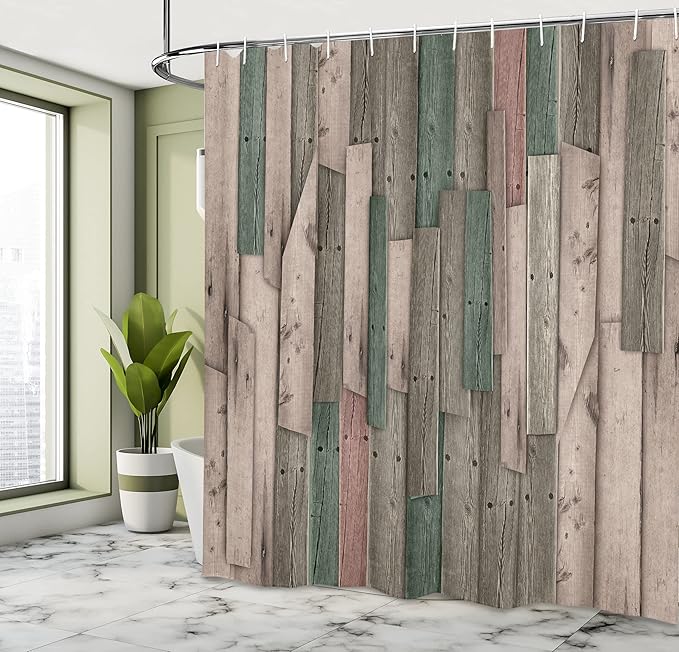 Ambesonne Rustic Shower Curtain, Grunge Wood Planks Barn House Door Nails Country Farm House Life Theme Layout, Cloth Fabric Bathroom Decor Set with Hooks, 69" W x 75" L, Jade Green