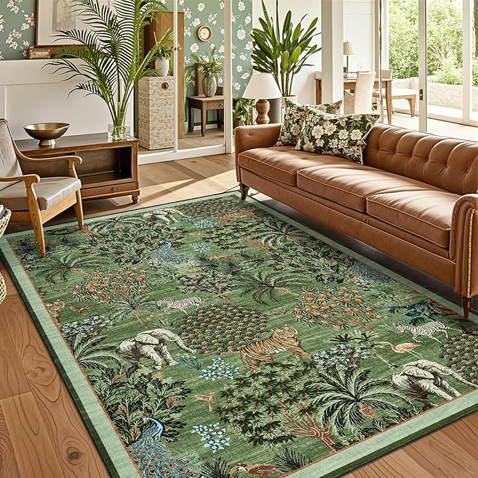 GarveeHome Jungle Animal Print Rug 5x7 Washable Area Rugs for Living Room, Forest Rug Non Slip Low Pile Stain Resistance Large Throw Carpet for Bedroom Dining Room Kids Playroom Nursery, Forest Green
