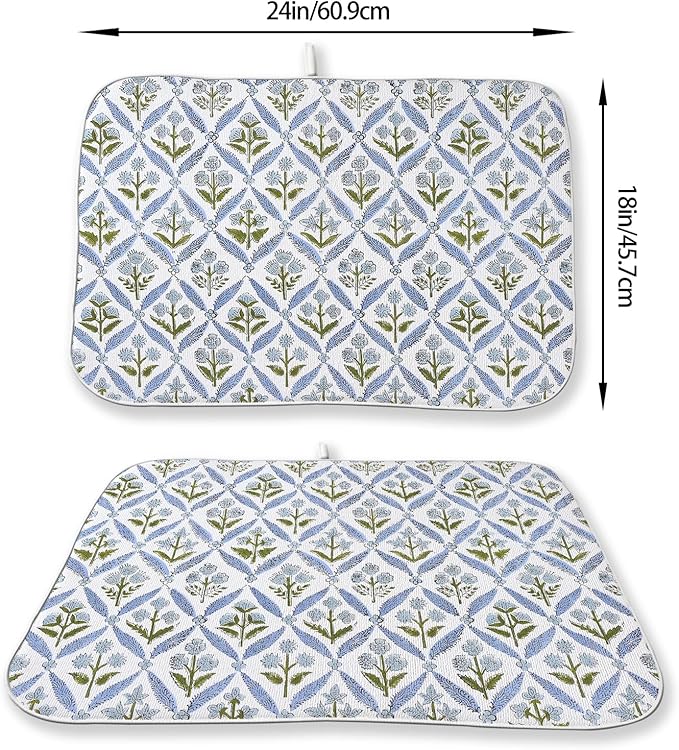 Blue Sage Green Block Print Dish Drying Mats 18x24 Inch Blue Green Vintage Spring Floral Drying Mats Summer Outdoor Decorations Absorbent Drying Dish Mats for Kitchen Dining Room Counter Decor