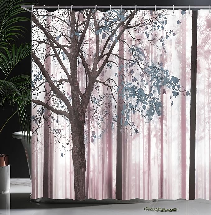 Ambesonne Autumn Shower Curtain, Rustic Fall Country Themed Tree Leaves on an Abstract Woodland Background Print, Cloth Fabric Set with 12 Hooks for Farm House Bathroom Decor, 69" W x 84" L, Grey Pink