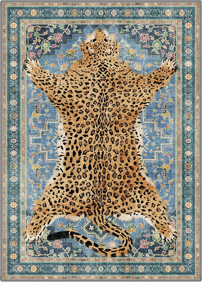 Bavni 5x7 Leopard Rug, Machine Washable Cheetah Animal Print Low Pile Boho Woodland Jungle Carpet, Non-Slip Non-Shedding Pet Friendly Rug for Living Room Playroom Nursery Bedroom Entryway, Blue