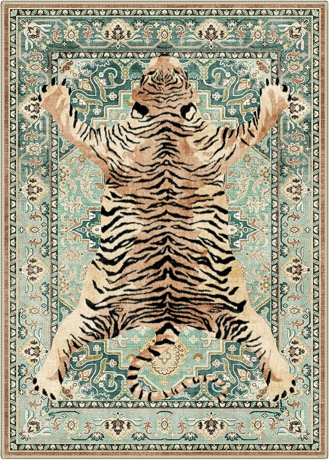 Bavni 5x7 Tiger Rug, Machine Washable Animal Print Low Pile Boho Woodland Jungle Carpet, Non-Slip Non-Shedding Pet Friendly Rug for Living Room Playroom Nursery Bedroom Entryway, Green