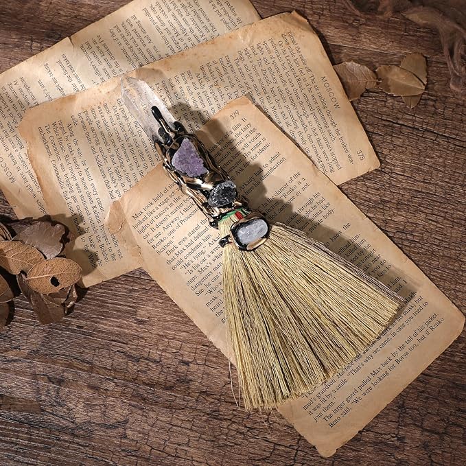 White Crystal Witch Broom - Witchcraft Supplies Mini Witches Broomstick with Amethyst Clusters Altar Supplies with Natural Healing Crystals Wiccan Supplies Prayers Meditation Therapy Decor