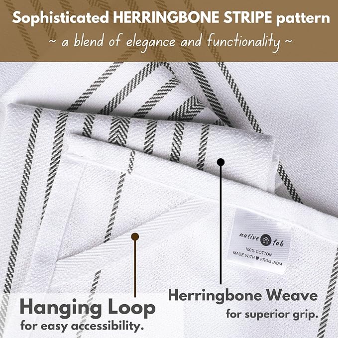 Native Fab Herringbone Striped Kitchen Towels 100% Cotton 12 Pack 16"x26" - Scandia Weave Dish Towels for Drying, Absorbent Dish Cloths Set with Hanging Loop - Grey White