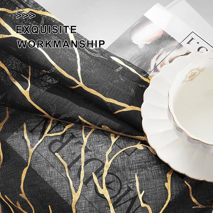 FINECITY Black Gold Sheer Curtains for Bedroom - Metallic Gold Foil Tree Branch Black Sheer Curtains 63 Inch Length Black and Gold Window Curtain Panel Set of 2, 52 x 63 Inch, Black Gold