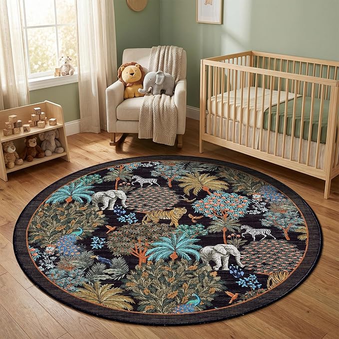 GarveeHome Jungle Round Washable Rugs 6ft Non-Slip Soft Round Rug for Kids Room, Forest Animal Print Tiger Circle Carpet for Bedroom Entryway Playroom Nursery, Black