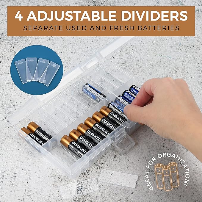 GlossyEnd Set of 4 - Two AA and Two AAA Battery Storage Box, Battery Storage Case Holder with Tester, Clear. Each Case Stores 48 Batteries