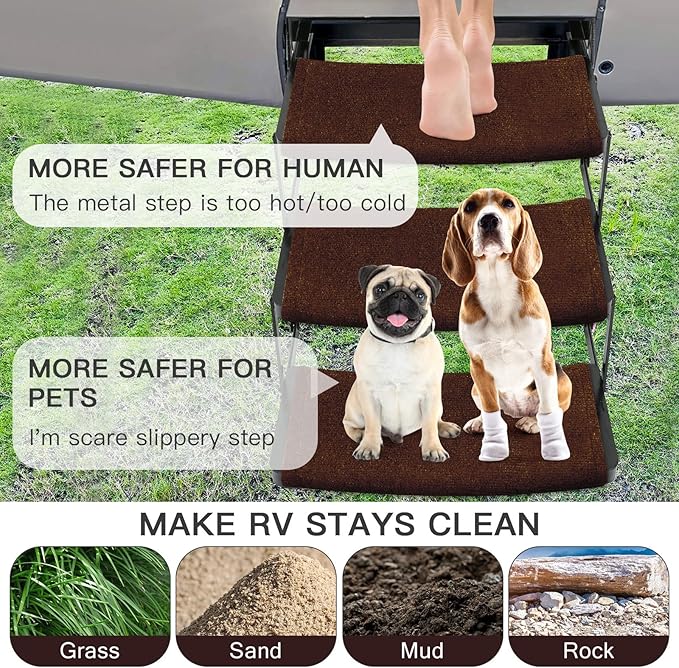 OKBA RV Step Rugs,22 Inch Camper Step Cover for 8-10" Depth RV Camper Radius Stairs- 3 Pack Brown Stair Rugs Cover