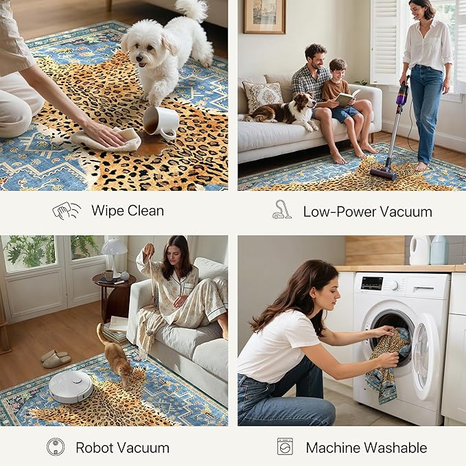 Bavni 2x6 Leopard Rug, Machine Washable Soft Cheetah Animal Print Runner Rug Non Slip Boho Low Pile Non-Shedding Hallway Print Woodland Jungle Carpet for Kitchen Entryway Nursery Bedroom,Blue