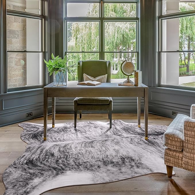 Amearea Premium Faux Cow Hide Rug, Large, Grey, 5.2x4.6 Feet, Animal Print, Rustic, Suede Backing, Non-Slip, Machine Made, Indoor, Adult, Unisex, Stain Resistant, Hand Wash Only, Bedroom, Area Rug