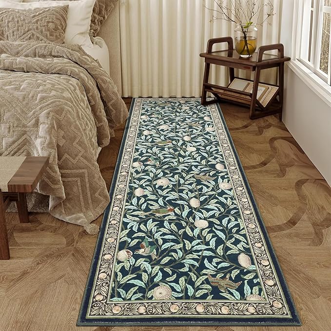 GarveeHome 2x6 Runners for Hallways Non Slip, Boho Leaf Kitchen Runner Rug Washable Rugs for Bedroom, Low Pile Soft Navy Blue Runner Botanical Bird Rug for Dorm Entryway Laundry Room Bedroom