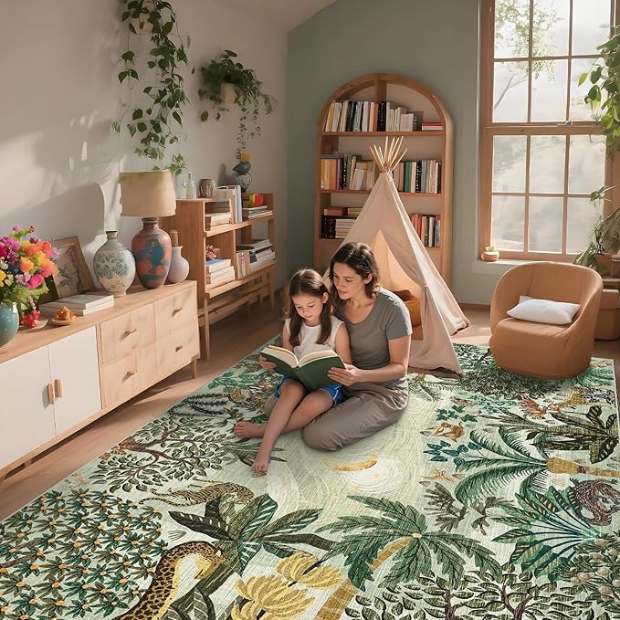GarveeHome Large Area Rugs 10x13 for Living Room, Jungle Animal Washable Rug Soft Non Slip Backing Floor Mat Carpet Indoor Thin Green Accent Rug for Bedroom Dining Room Playroom Nursery Home Decor