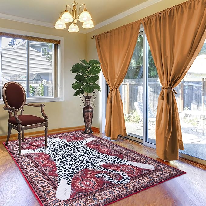 Oriental Leopard Rug 5x7 ft Washable Traditional Red Persian Rug for Bedroom Living Room, Dining Room Under Kitchen Table, Soft Non Slip Thin Rug Carpet (Red Leopard, 5X7 FT)