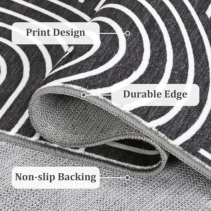 Washable Rug 8x10 Area Rugs for Living Room, Abstract Rug for Bedroom, Soft Rainbow Non Slip Throw Rugs with Rubber Back, Low Pile Stain Resistant Boho Geometric Carpet for Dining Room, Black