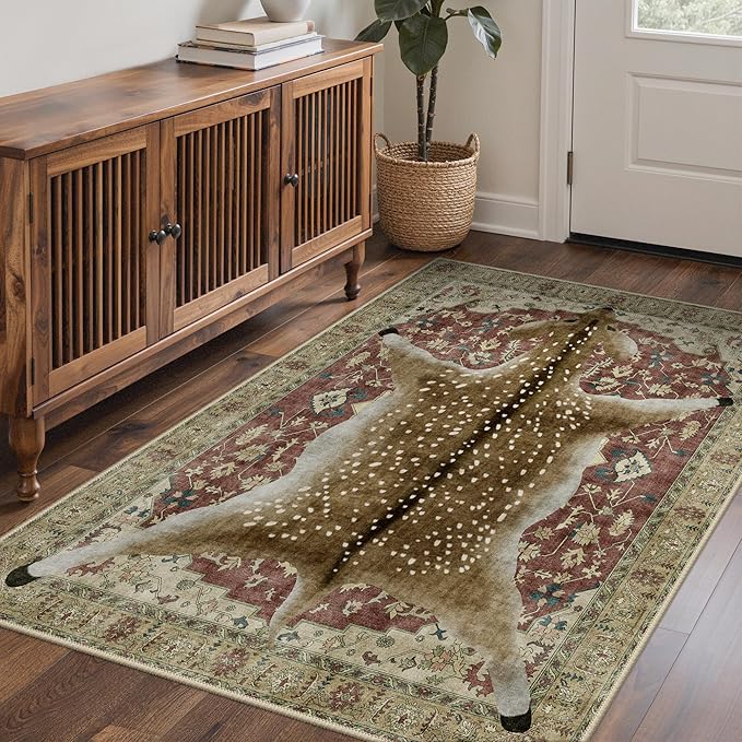 Bavni 5x7 Deer Rug, Machine Washable Animal Print Low Pile Boho Carpet, Non-Slip Non-Shedding Pet Friendly Rug for Living Room Playroom Nursery Bedroom Entryway, Red Yellow